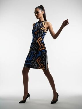 Topshop Black Midi Dress with Blue & Gold Geometric Print
